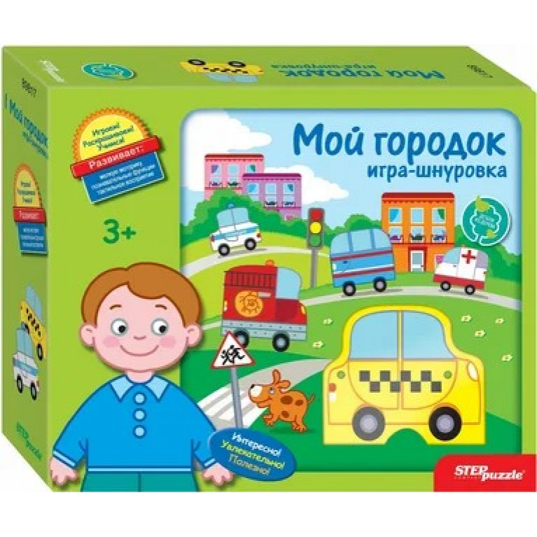Арт.89817 Развивающая игра из дерева "Мой городок" (Игра-шнуровка)