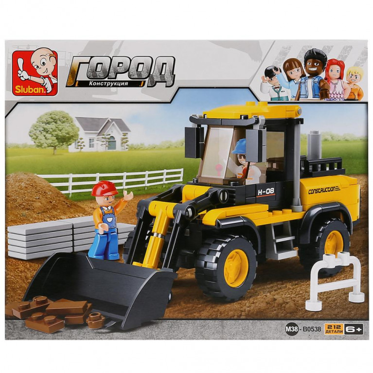Конструктор пласт. трактор-погрузчик с фигурками, 212дет. в русс. кор. 28,5*23,7*5,4см в кор.32шт