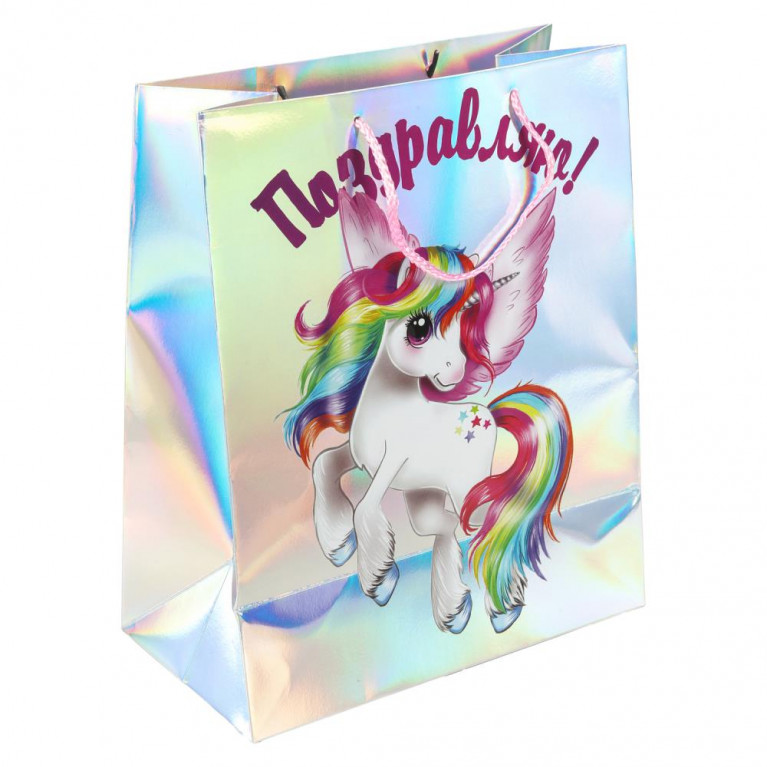 Пакет подарочный голография xl,единорог,140 гр/м2 ЧУДО ПРАЗДНИК в кор.5*12шт