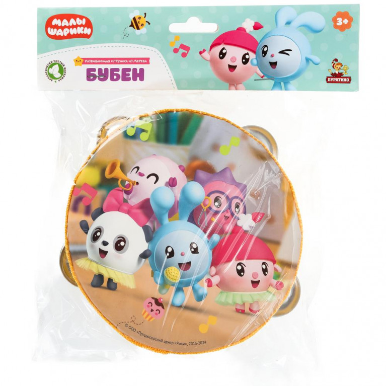 Игрушка деревянная бубен Малышарики 1 шт. в пак. Буратино в кор.90шт
