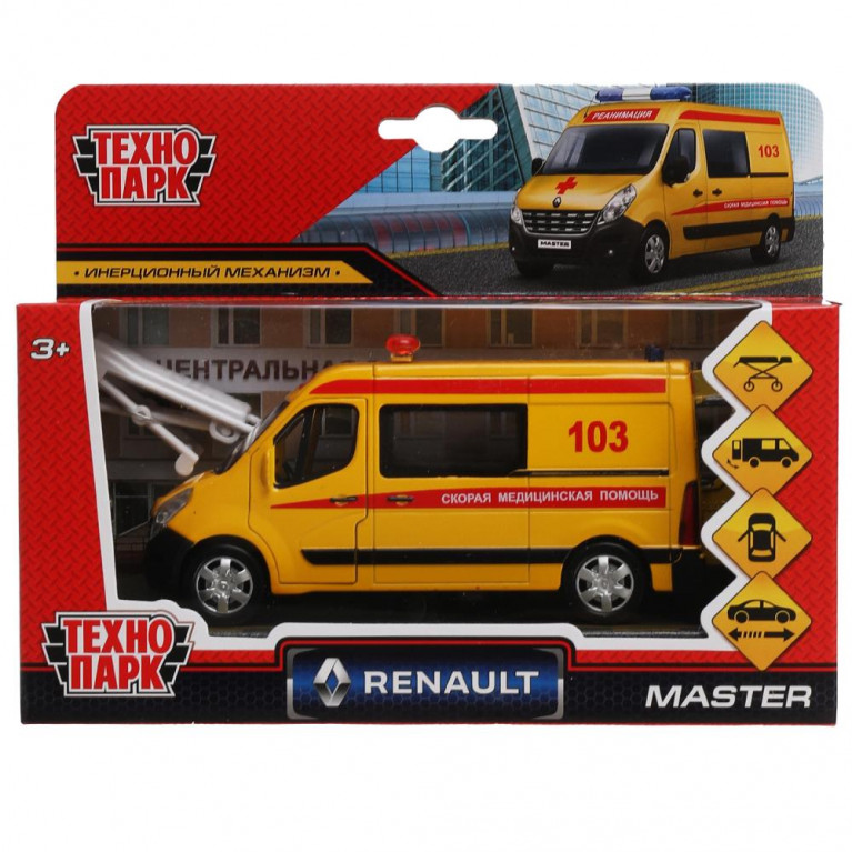 ааааа Машина металл RENAULT MASTER РЕАНИМАЦИЯ 14 см, двери, носилки, инерц, кор. Технопарк в кор.2*32шт