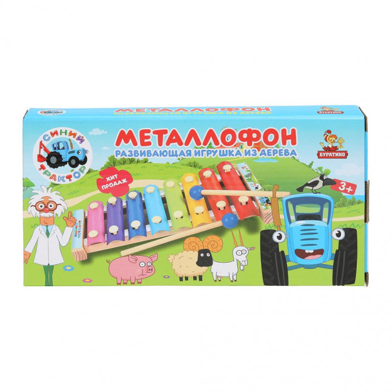 Игрушка деревянная СИНИЙ ТРАКТОР металлофон 9*1,5*18,5, коробка Буратино в кор.50шт