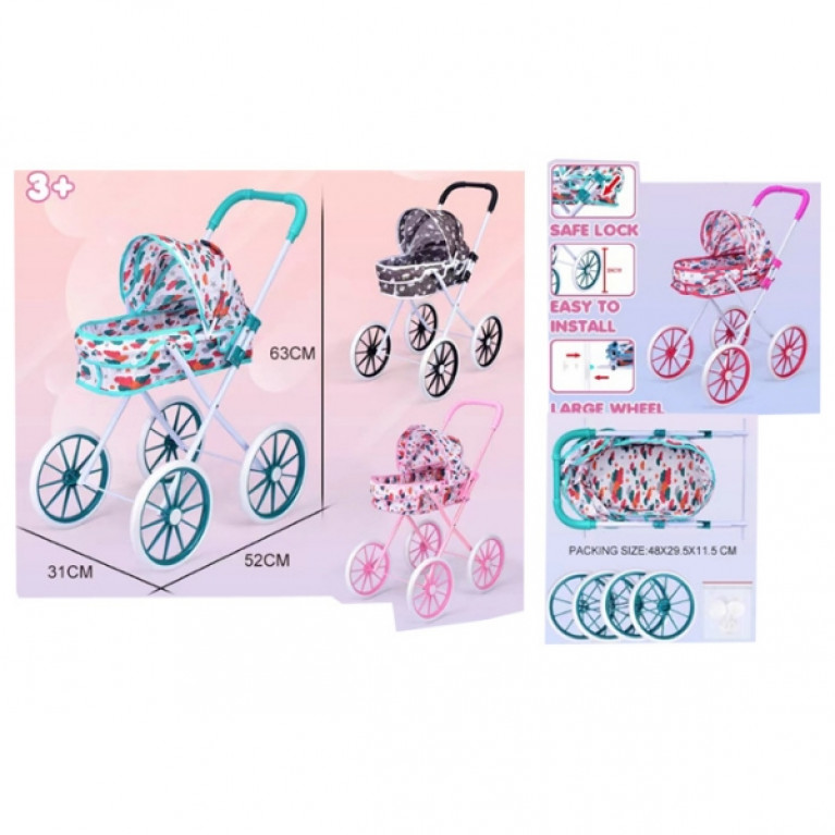 Коляска для кукол, металлическая, размер: 31*52*63 см, 3 вида в ассортименте, в/п 48*29,5*11,5 см
