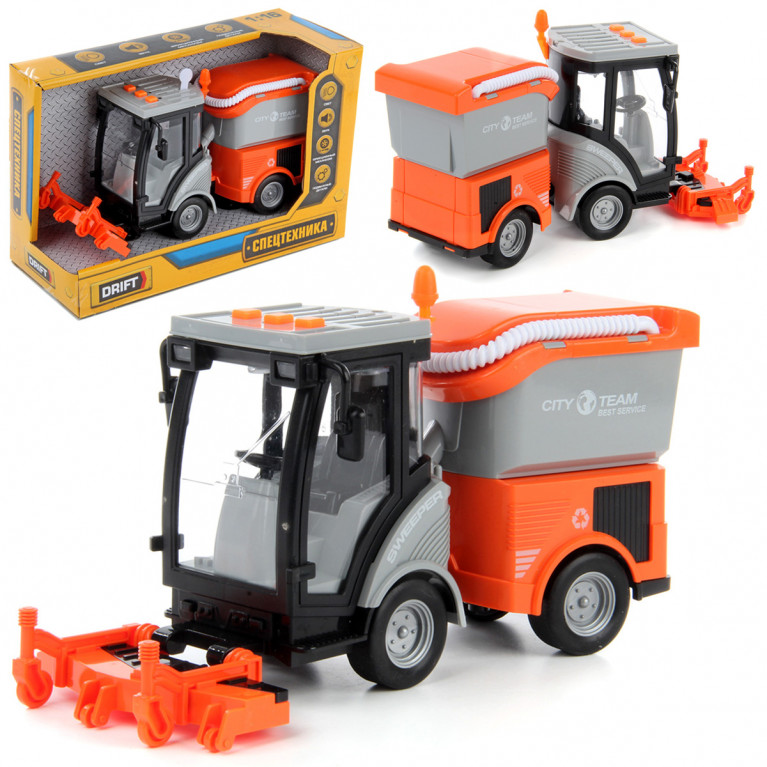 Уборочная машина 1:16, фрикция, со св. и зв, оранжевый