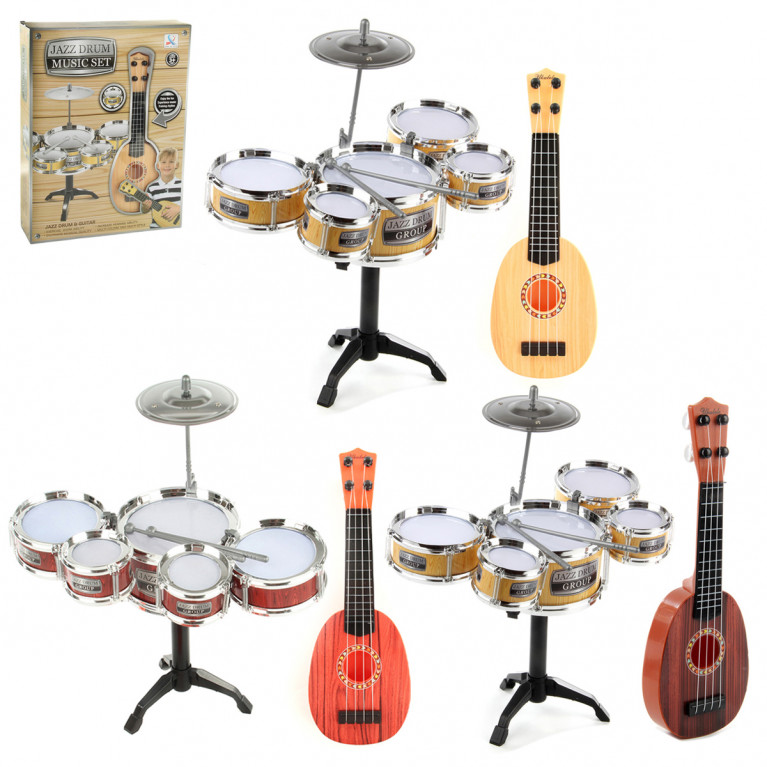 Набор:барабаннная установка ( 5 барабанов, диам:17,12,10 см) и гитара 36см., кор.35,5х10х46,5