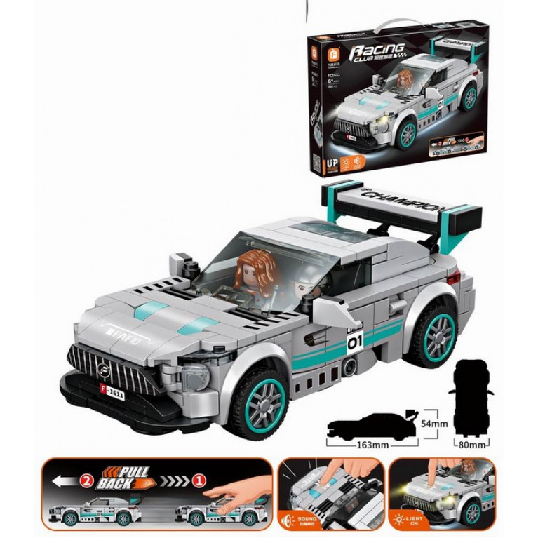 Конструктор "Автомобиль гоночный" с инерц. механизмом, 308 дет., свет. и звук. эффекты, размер в собранном виде: 16,3*5,4*8 см, в/к 38*26*6 см  fc1611