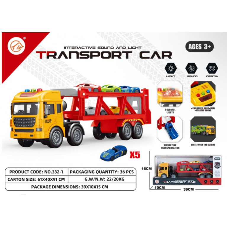 Игрушка грузовик автовоз  инерция , свет, звук 39*10*15 см 332-1  ккк  ллллл
