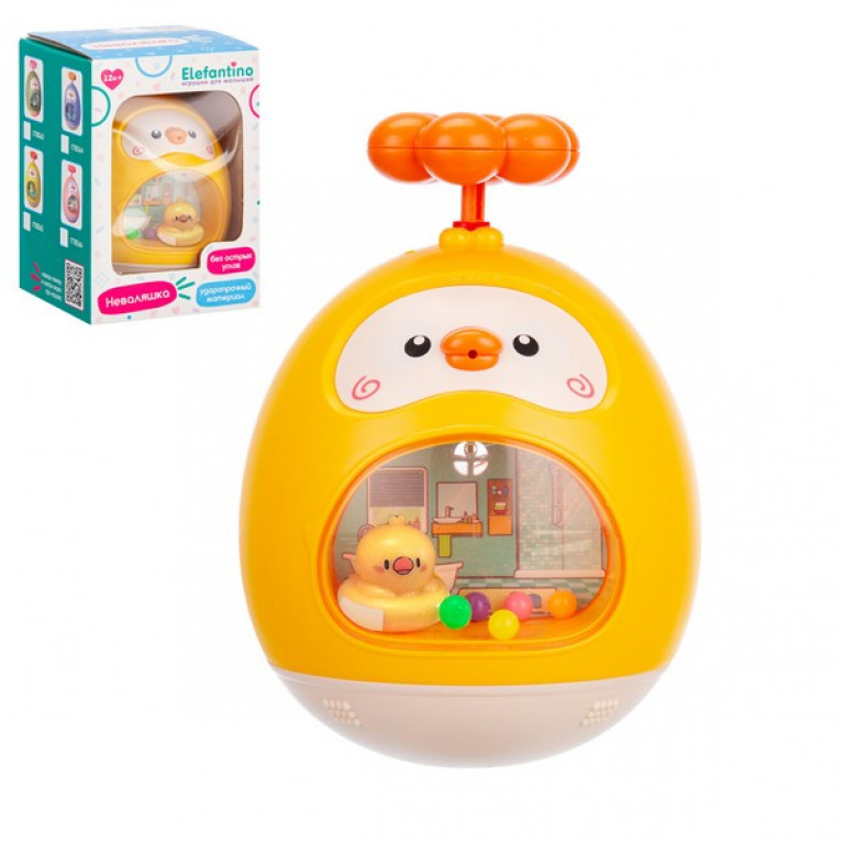 Неваляшка Elefantino "Цыпленок",можно играть в ванне:наполни водой,уточка внутри плавает,нажми на цветок и используй как водяной пистолет,в/к10*10*2см