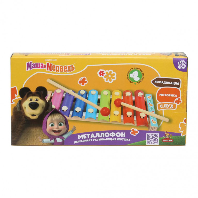 Игрушка деревянная Маша и Медведь металлофон 23*1,5*13, коробка Буратино в кор.50шт
