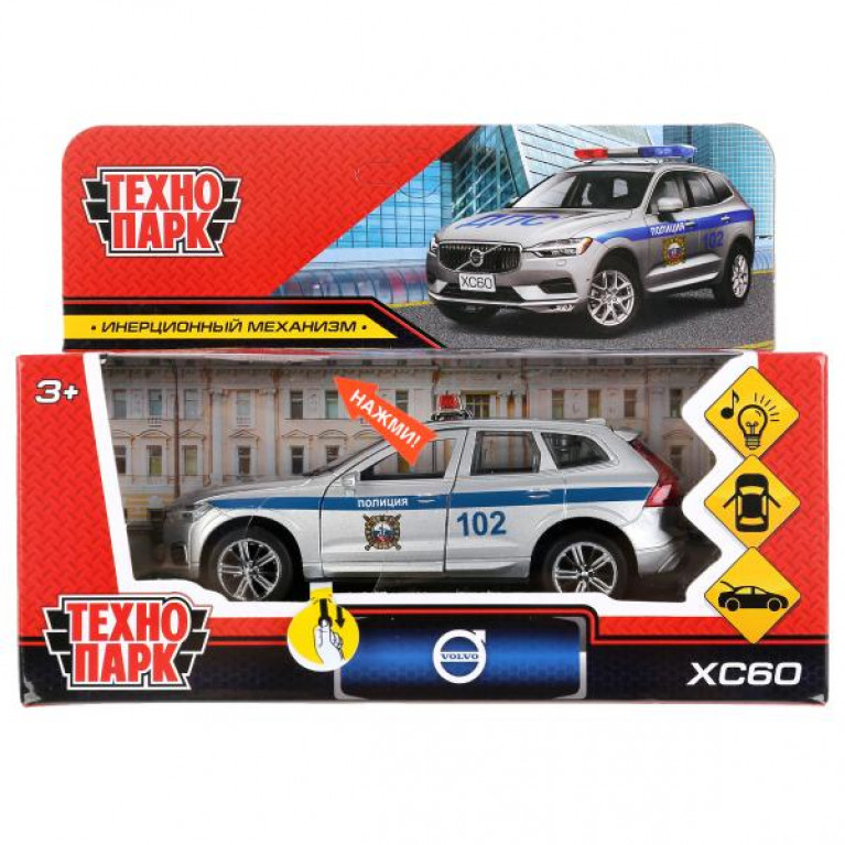 Машина металл свет-звук "volvo xc60 r-desing полиция" 12см,инерц,серебристый. Технопарк в кор.2*36шт