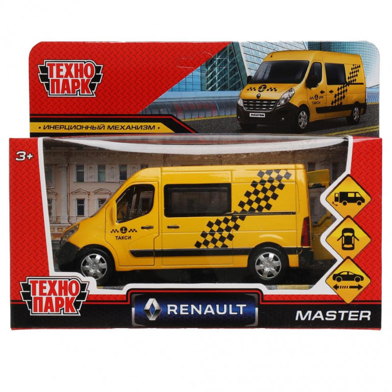 ааааа Машина металл RENAULT MASTER ТАКСИ длина 14 см, двери, инерц, желтый, кор. Технопарк в кор.2*32шт