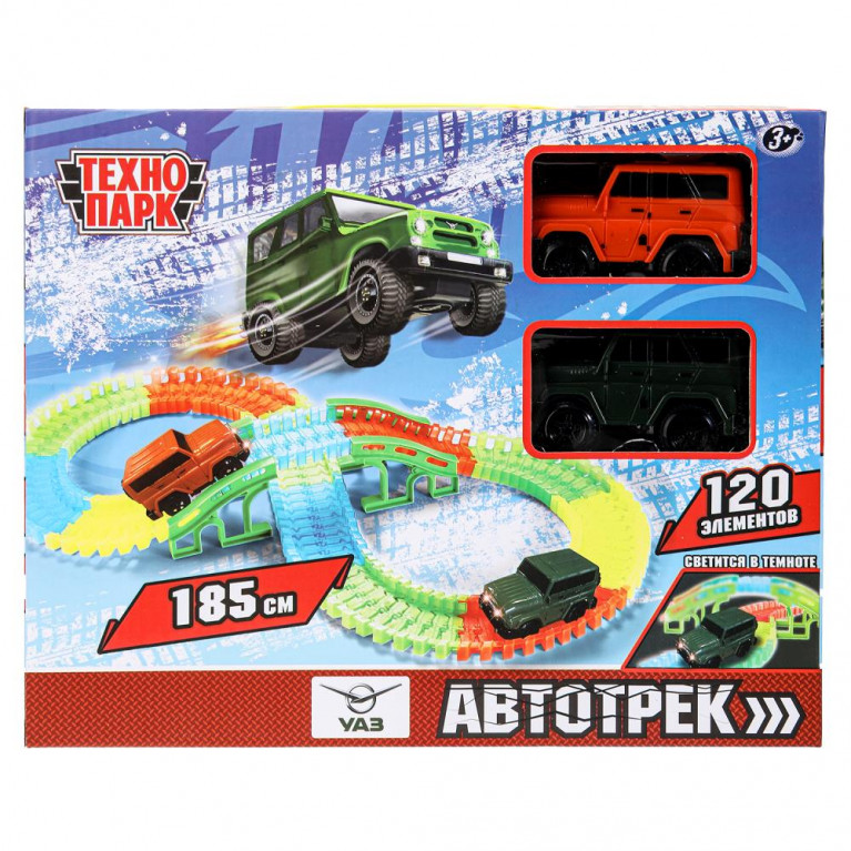 ааааа Игрушка пластик UAZ восьмерка 2 машинки 10 см,свет,автотрек на бат.,кор. Технопарк в кор.2*24шт