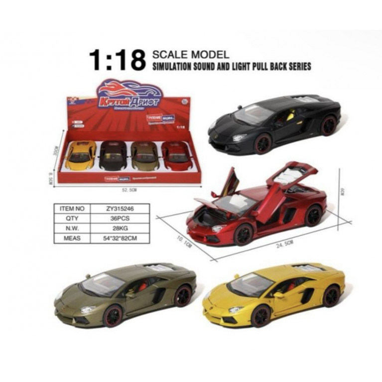 Машина металл без коробки свет, звук ,открываются двери ,багажник, капот 1:18 24,5*6,5*10 см  ооо