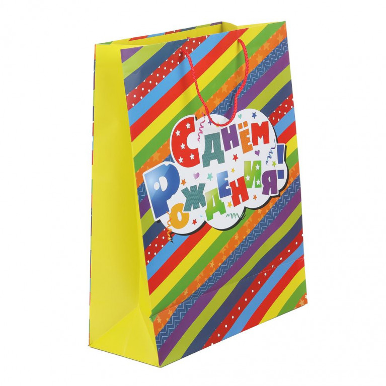 Пакет подарочный МАТОВЫЙ xl,день рождения полоски,140 гр/м2 ЧУДО ПРАЗДНИК в кор.5*12шт