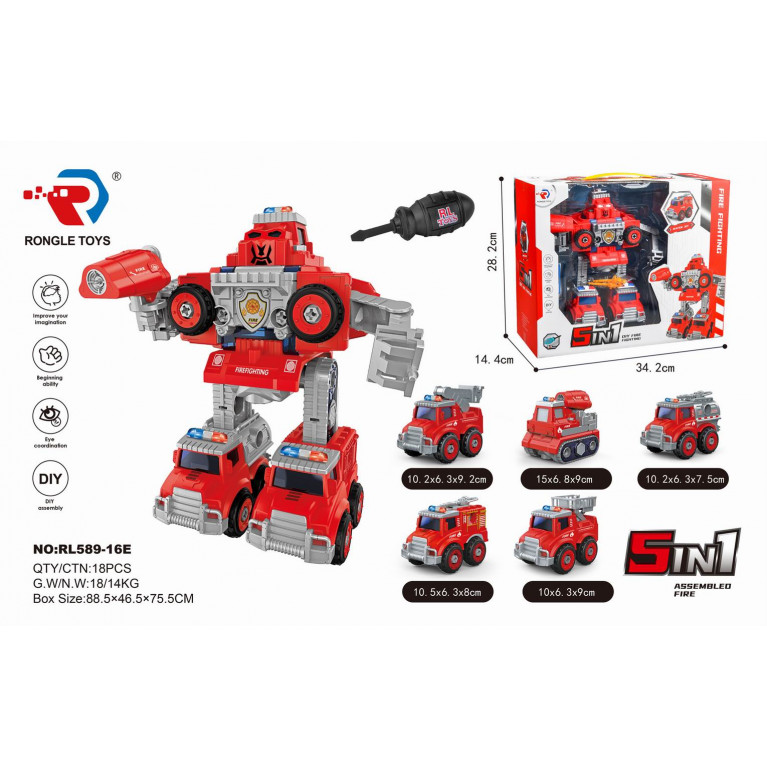 Игрушка конструктор скрутка, пожарная спецтехника  5в1 34,5*28*14,5 см rl589-16e  ооо