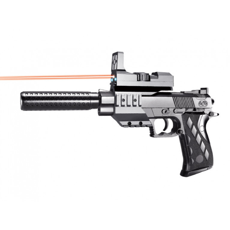 BB пистолет 34,5 см с глушителем, прицелом, фонариком и лазерным прицелом на бат. в кор.