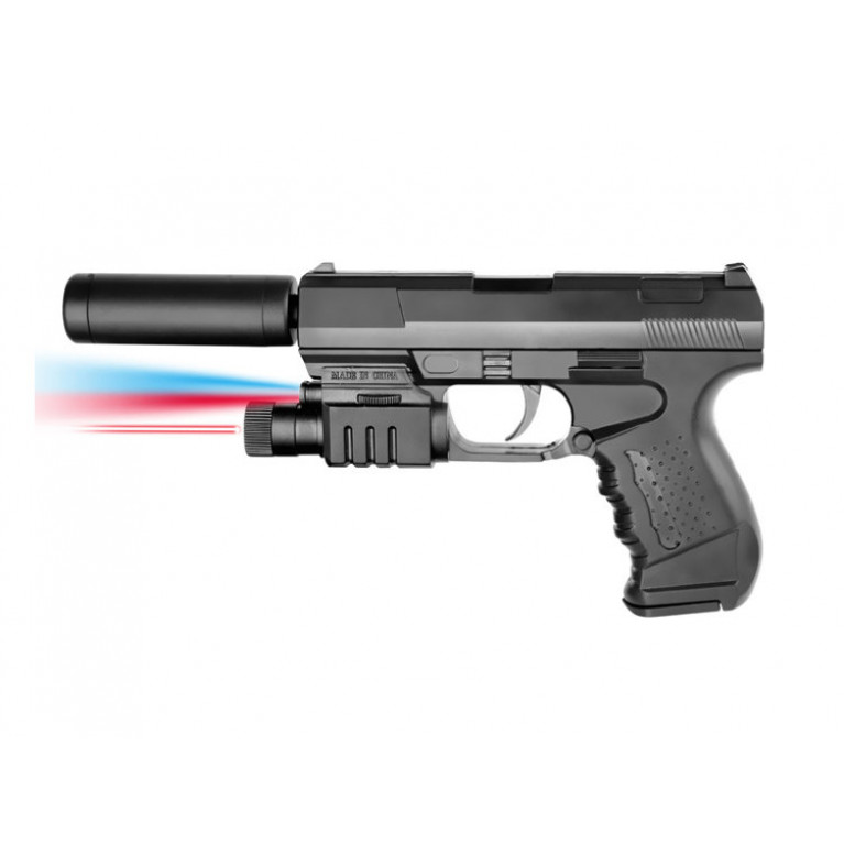 BB пистолет 18см с глушителем, фонариком и лазерным прицелом на бат. в пак.