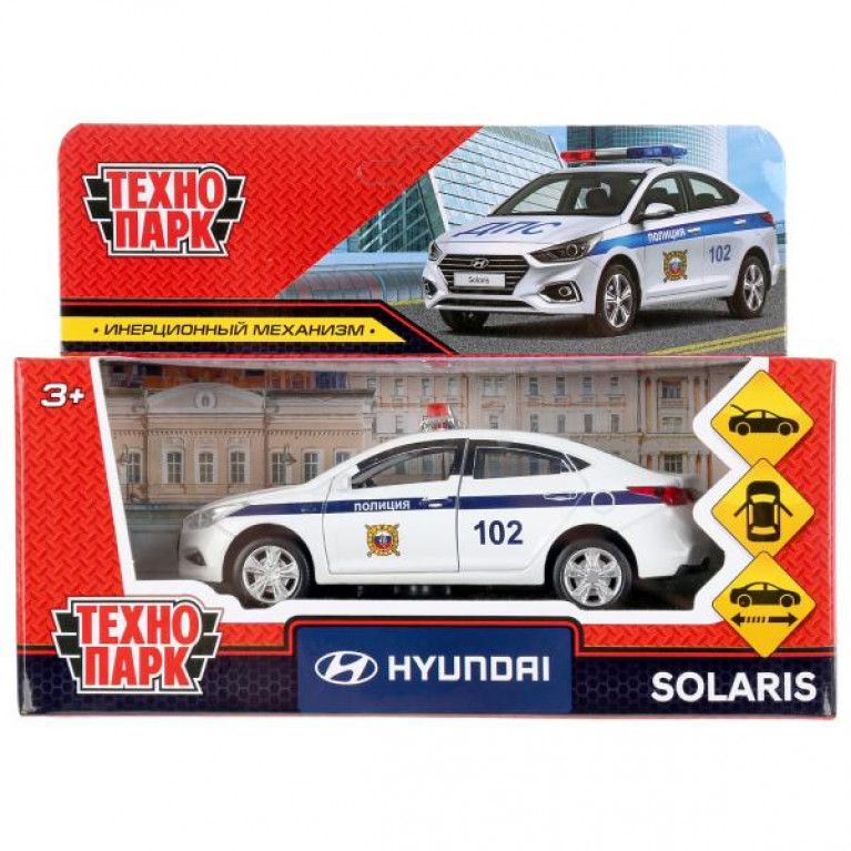 Машина металл "hyundai solaris полиция" 12см, откр.двери, инерц, белый в кор. Технопарк в кор.2*36шт