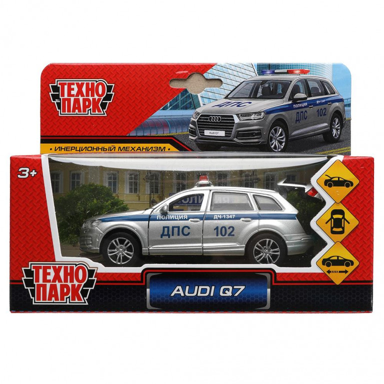 Машина металл AUDI Q7 ПОЛИЦИЯ 12 см, двер, багаж, инер, серебристый, кор. Технопарк в кор.2*36шт