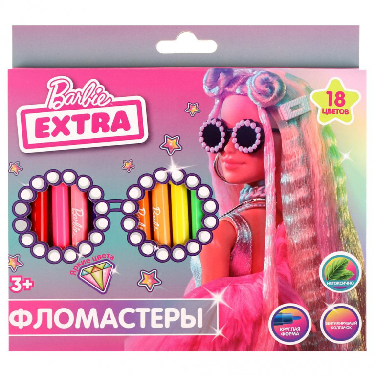Фломастеры Барби 18цв, круглые, карт коробка, barbie extra Умка в кор.8*12наб