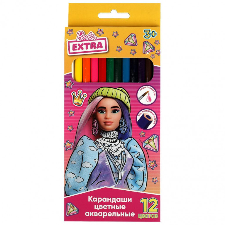 Цветные карандаши БАРБИ 12цв, акварельные, barbie extra Умка