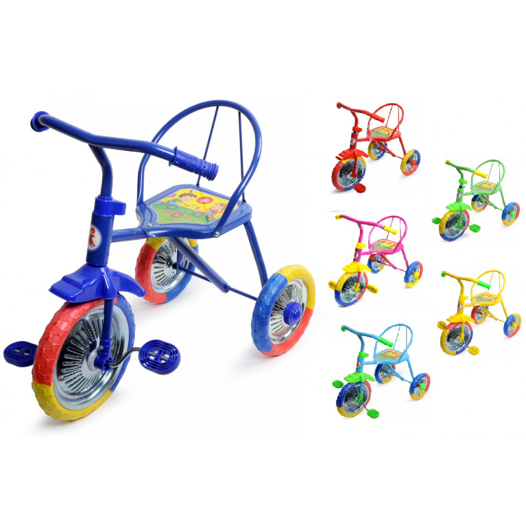 Велосипед трехколесный, 3-х цветные ПВХ колеса 10' и 8', 6 цветов в ассорт. в/к
