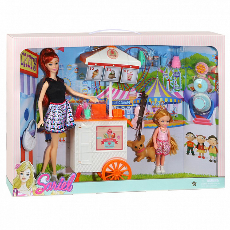 Игровой набор кукол "Кафе-кондитерская", в комплекте две куклы, дом.питомец, передвижное кафе, игрушечные продукты, в/к 35,5*7*33,5 см